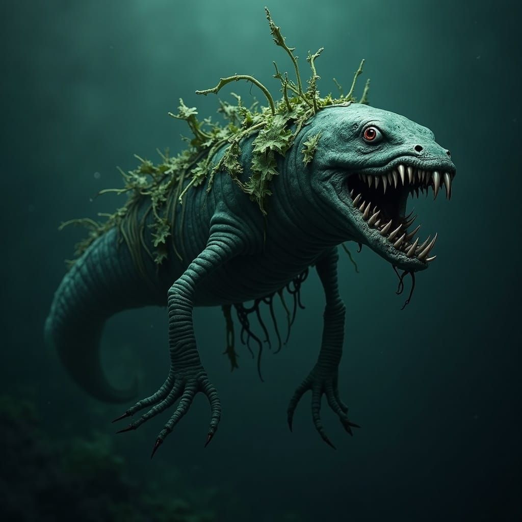 Menacing Eel with Fangs Swims in Mystical Sea