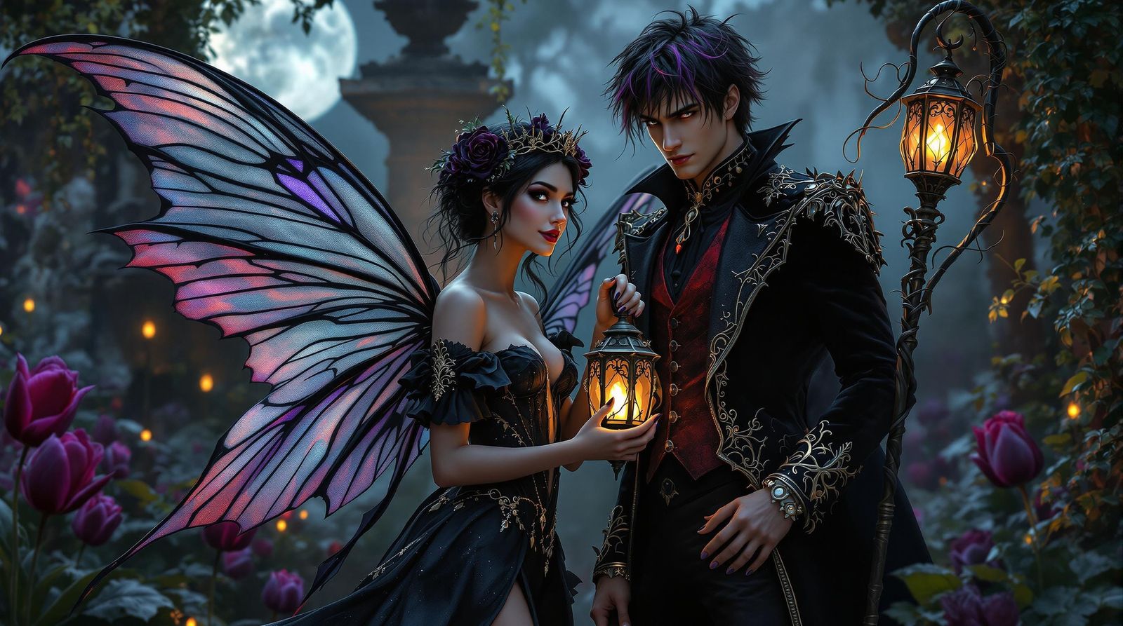 A dangerously charming gothic fairy couple standing in a moonlit, overgrown garden of black tulips, ivy-covered statues,...