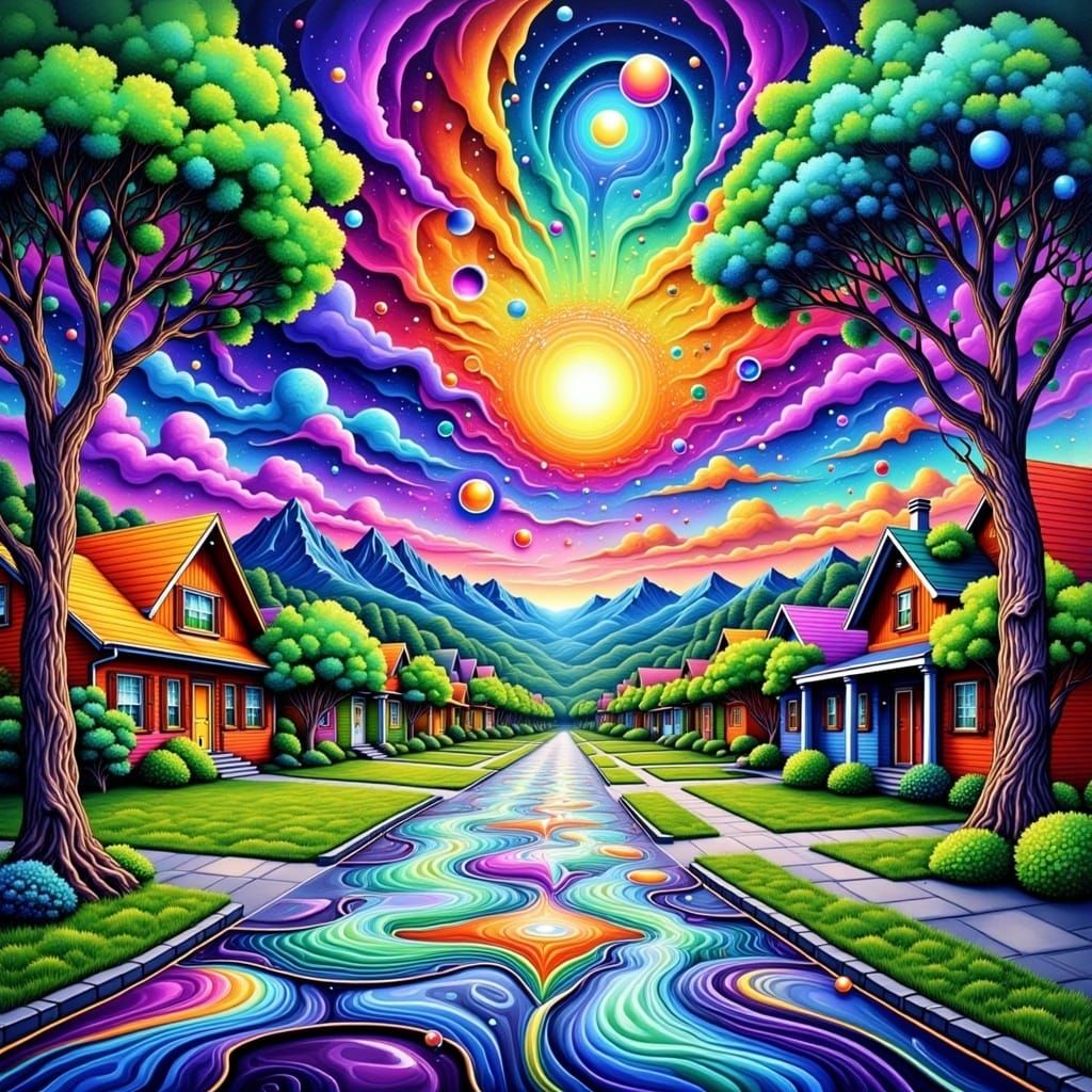 Surreal Psychedelic Suburb in Vibrant Neon Colors