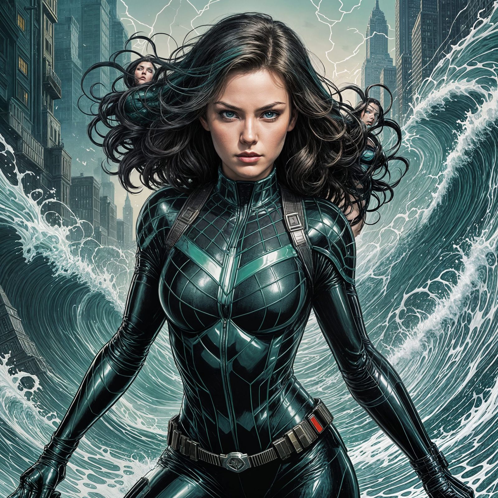 Vigilante Woman in Cyberpunk Suit with Sea Foam Accents