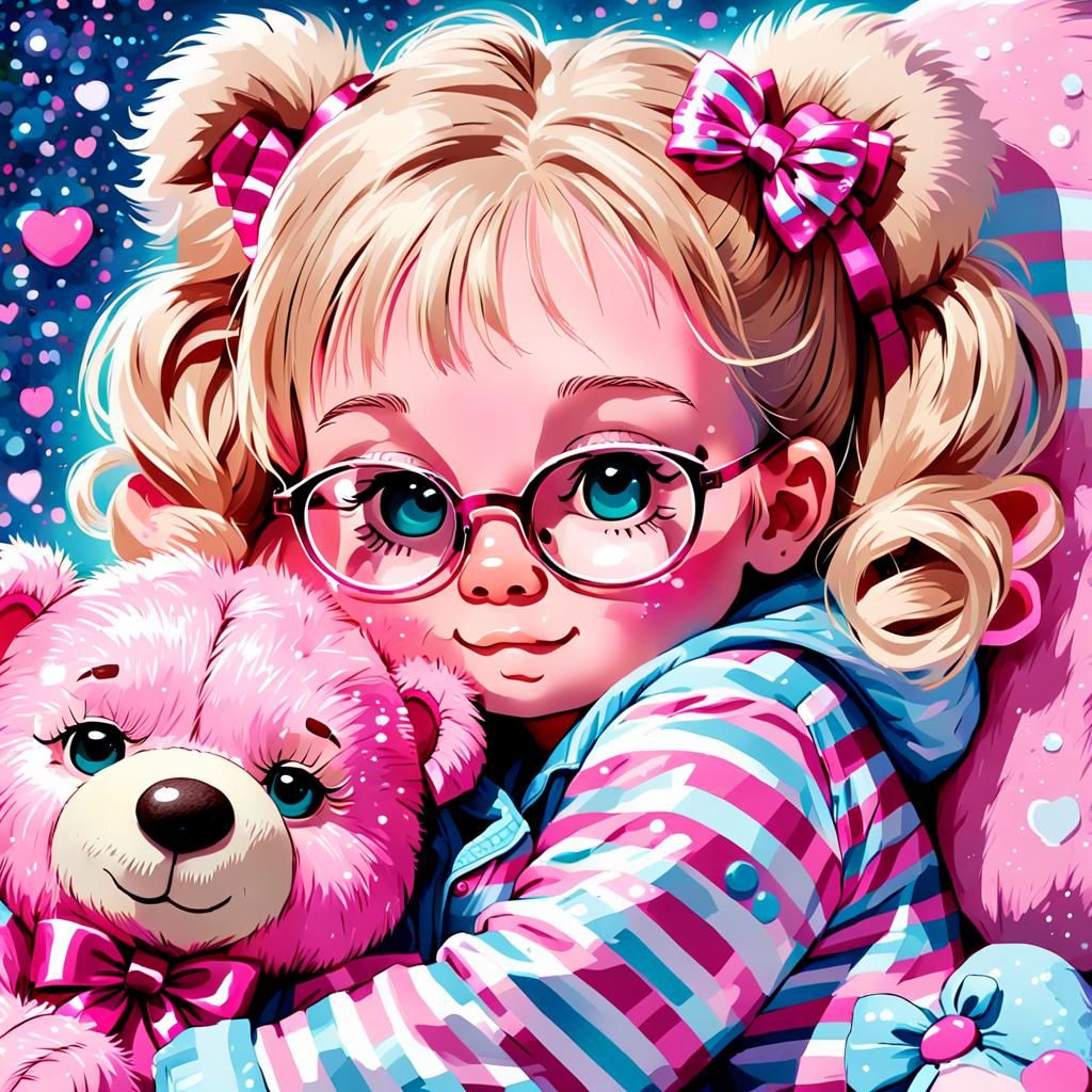 Toddler Girl with Pink Teddy Bear in Watercolor Style