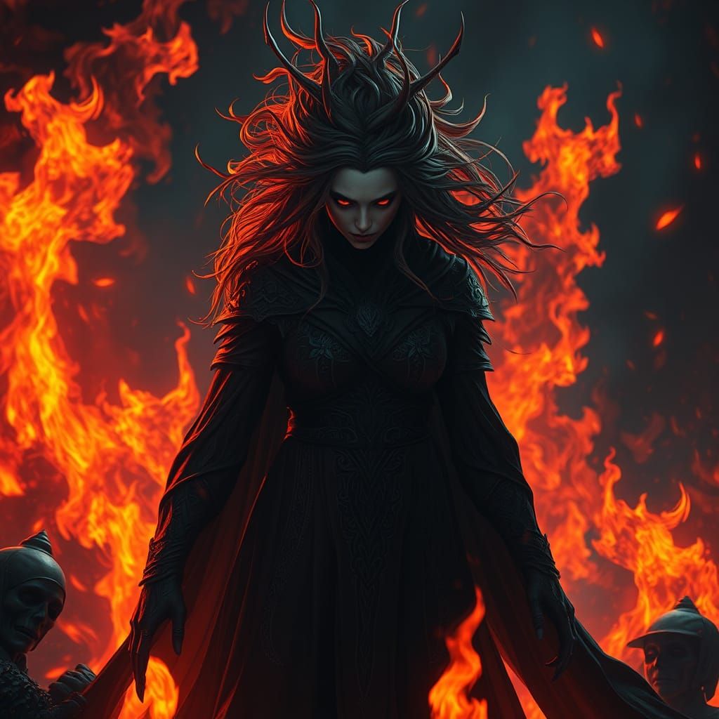 Crimson Witch in Fiery Landscape: Digital Matte Painting