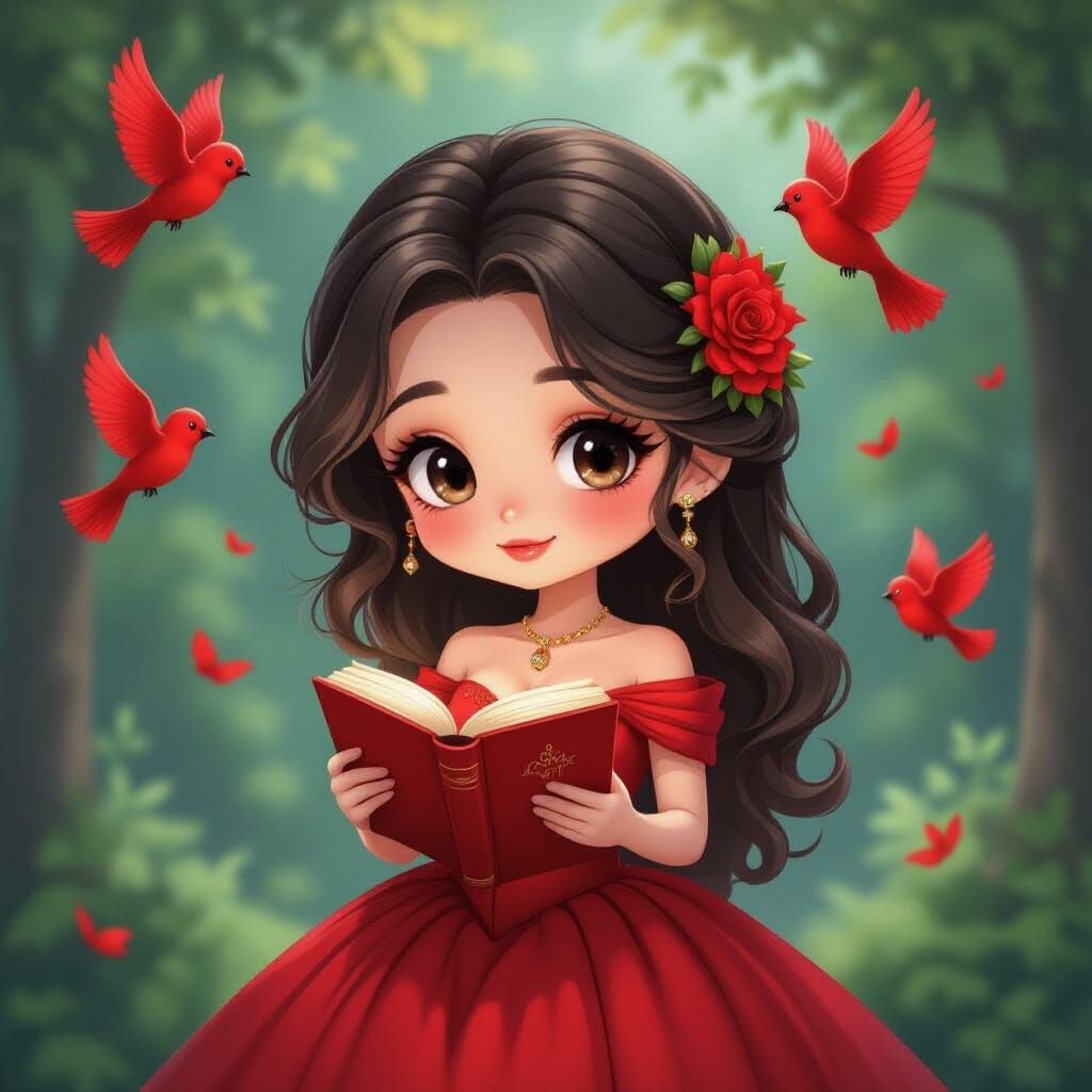 Chibi Woman Reading with Birds