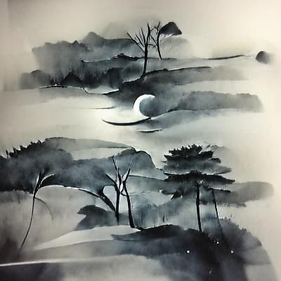 Minimalist Japanese Ink Wash Forest in Moonlight