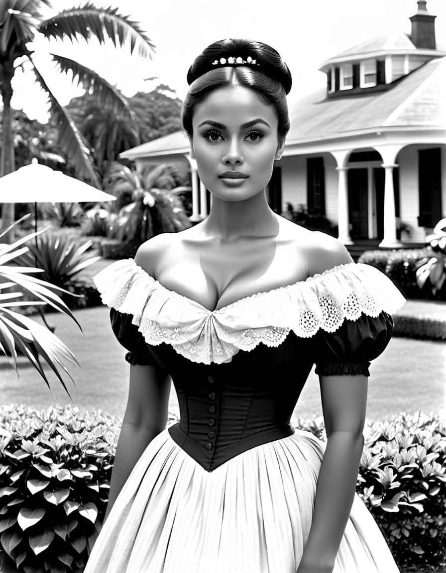Vintage Photo of Indonesian Woman in Tropical Garden