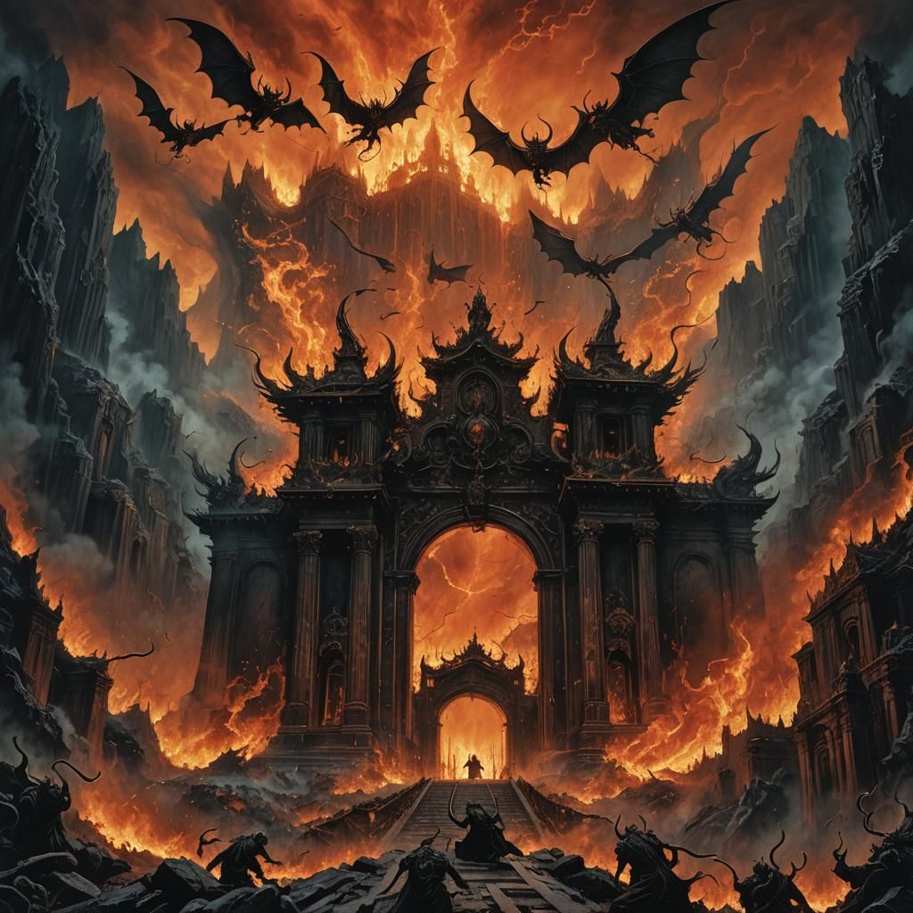 Infernal Landscape with Demons at Pearly Gates