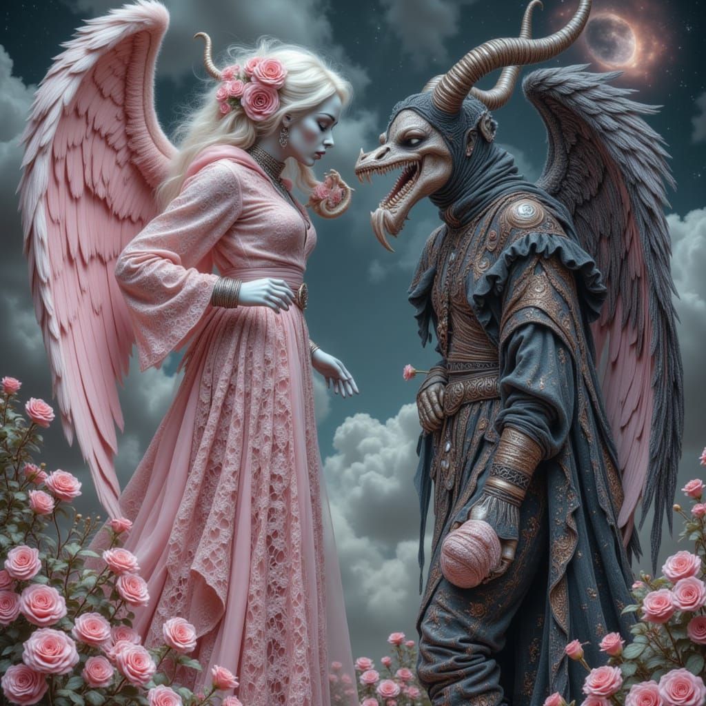 Angel vs Demon in Pastel Goth Fantasy Sky