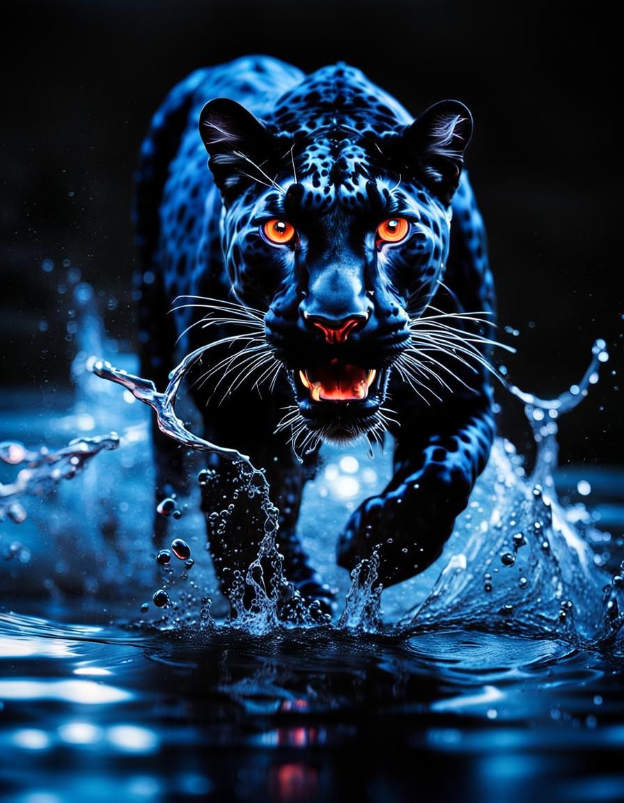 Black Leopard Runs Under Fluorescent Moonlight