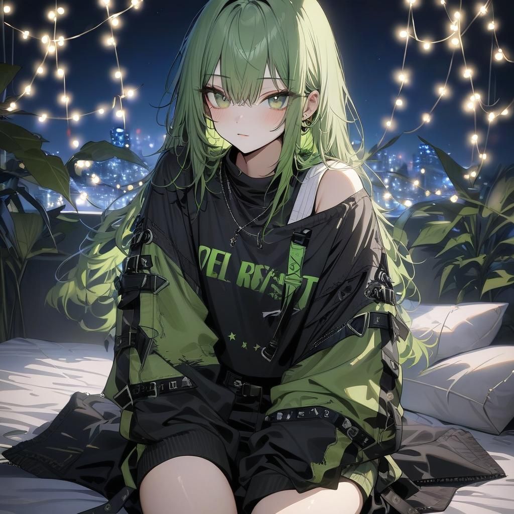 Green-Haired Girl on Messy Bed with Fairy Lights