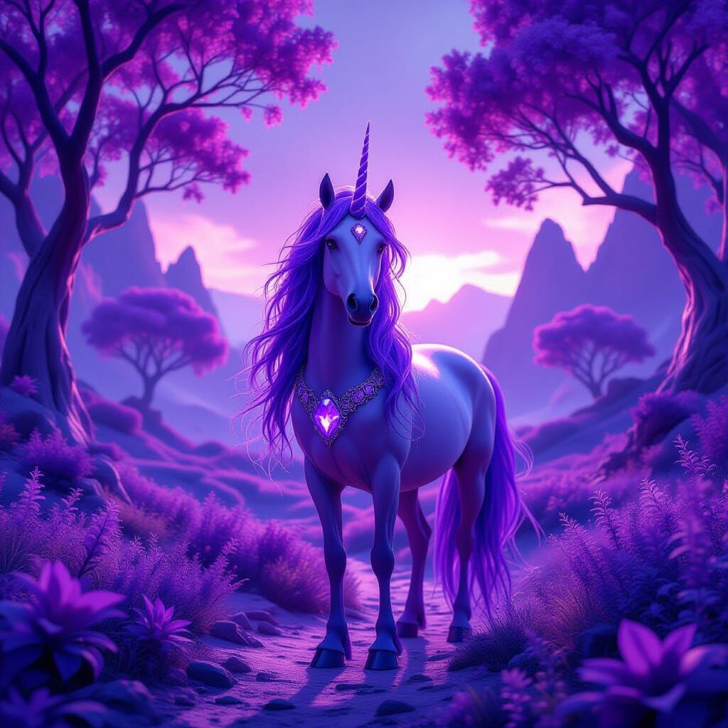 Amethyst Unicorn in Purple Landscape