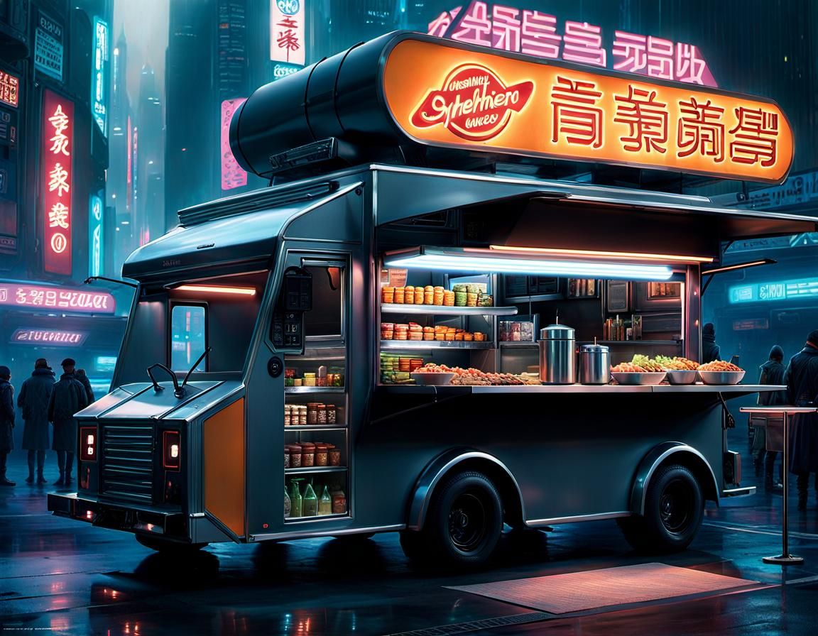 Cyberpunk Food Truck in Dystopian City