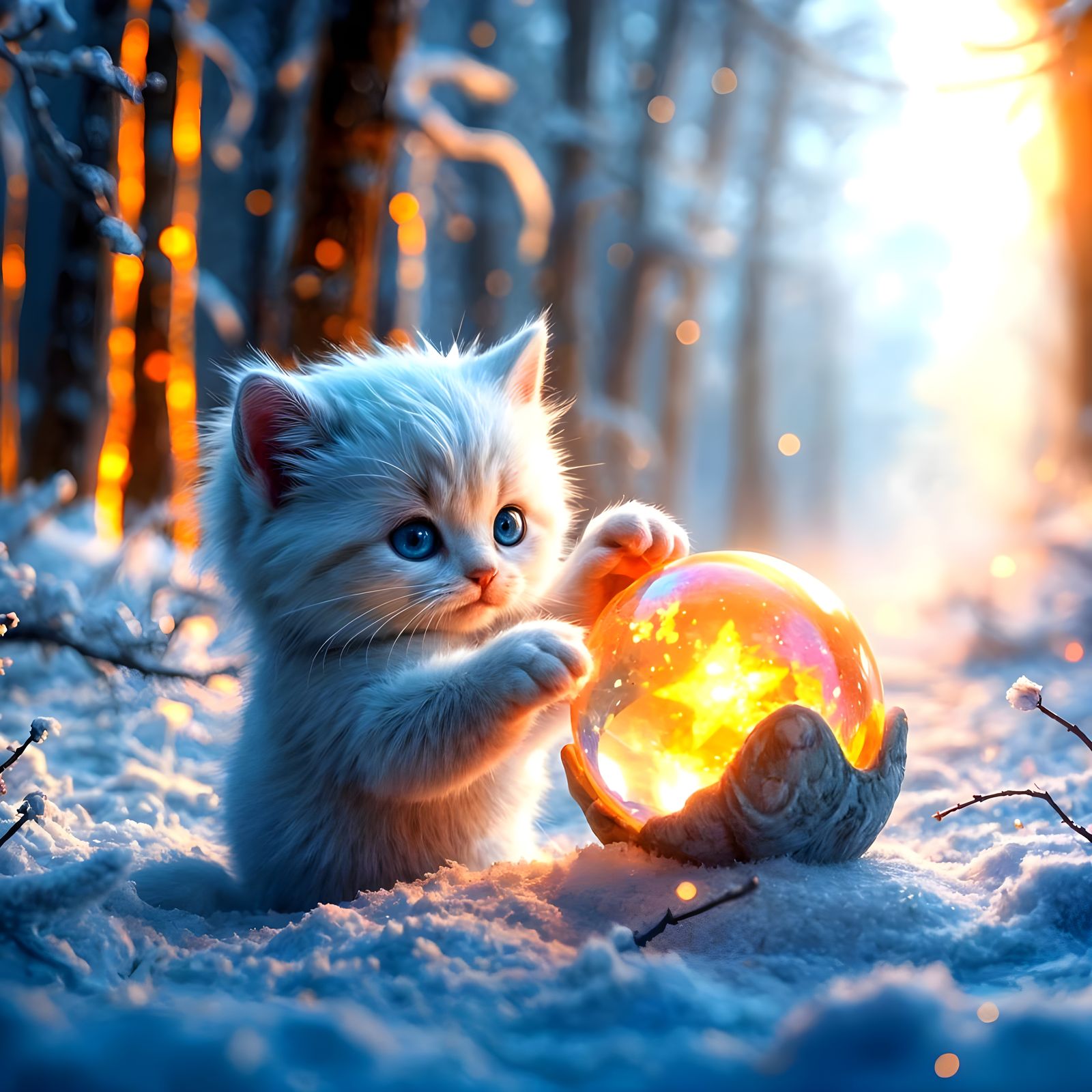 Surreal Fantasy Scene of a Kitten with a Crystal Ball in a S...