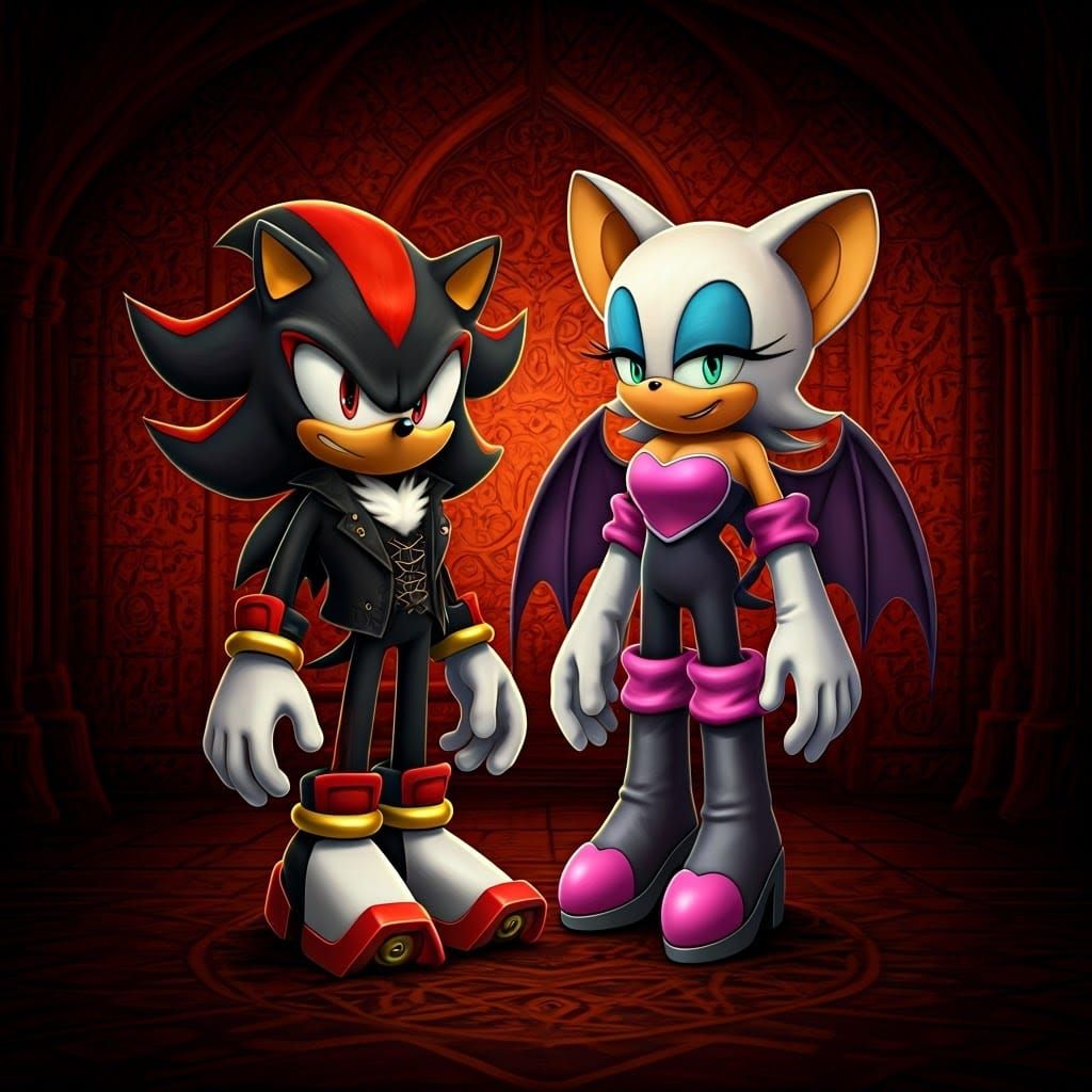 Shadow the Hedgehog and Rouge the Bat in Gothic Attire