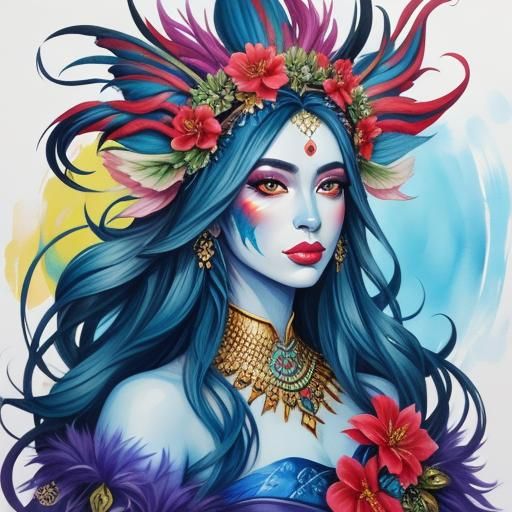 Rainbow Dragon Woman with Flower Crown: Gouache Style