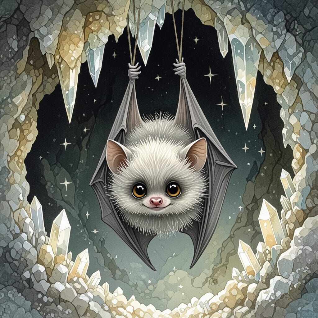 Adorable Bat in Cave, Beatrix Potter Style