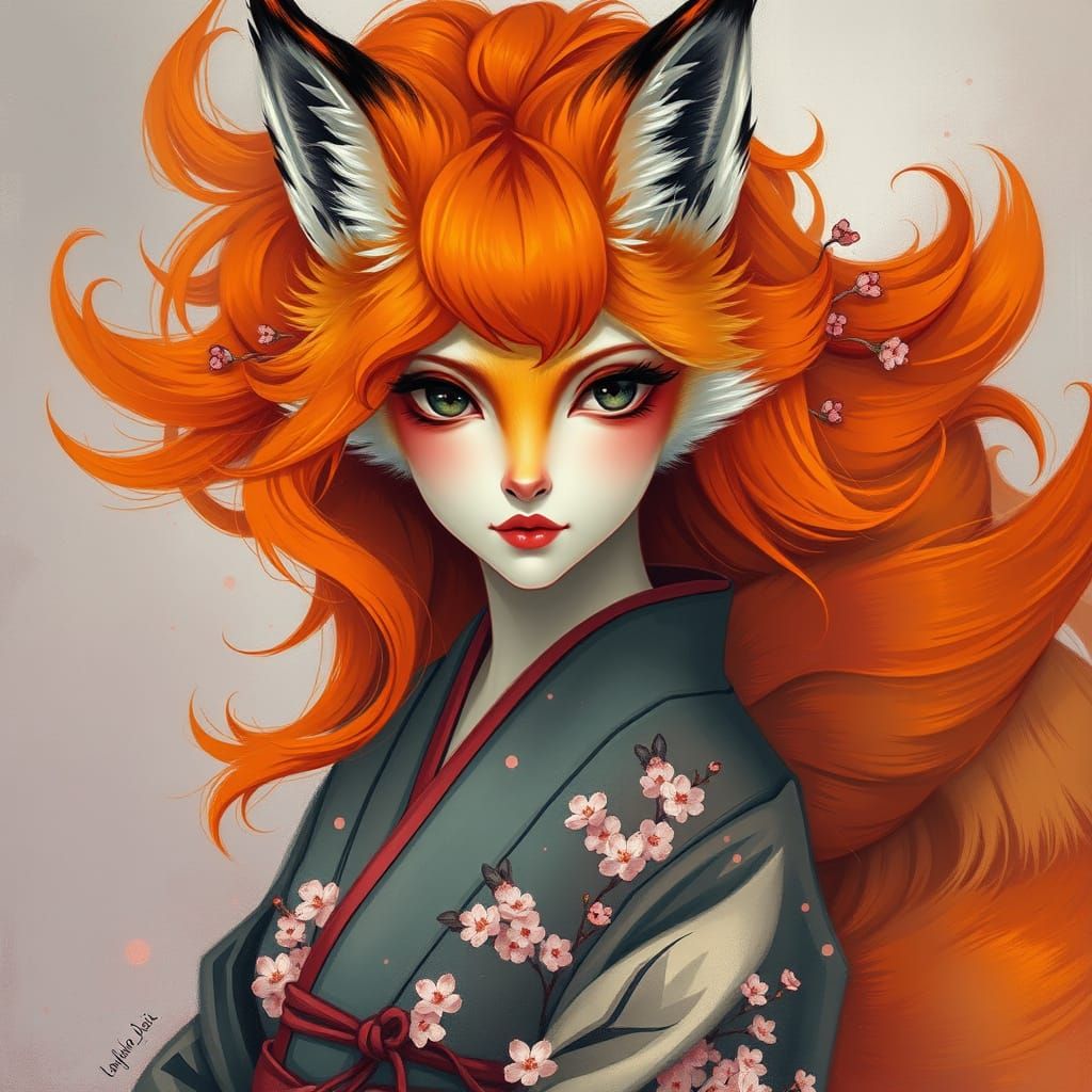 Neo Impressionist Fox Woman in Elegant Kimono, Soft Glow