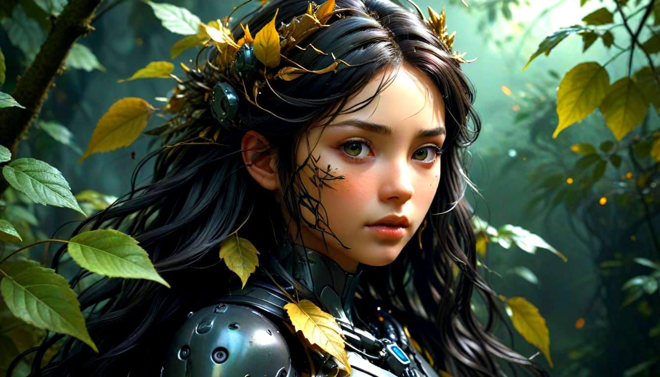 Cyborg Leaf-Hair Portrait in Ghibli Fairytale Style