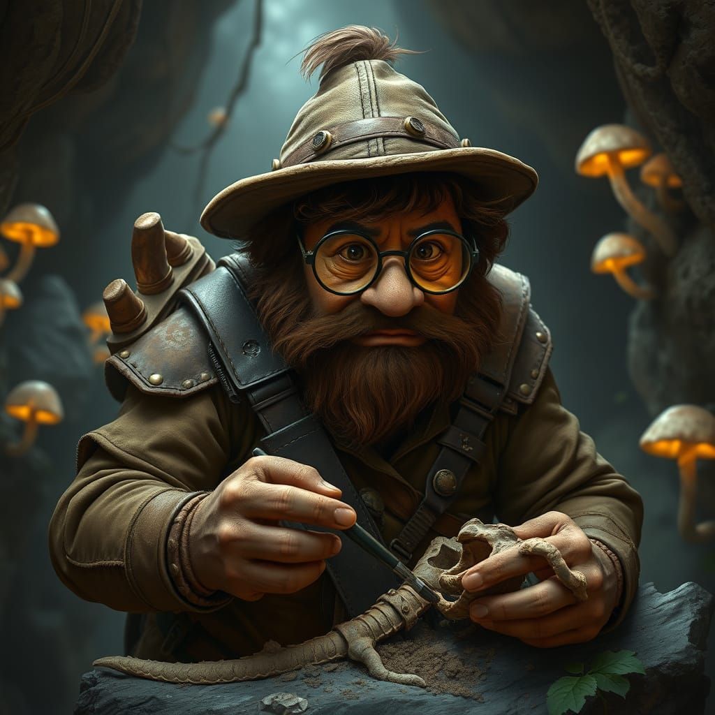 Stout Dwarf Dinosaur Paleontologist in Earth-Toned Armor Stu...