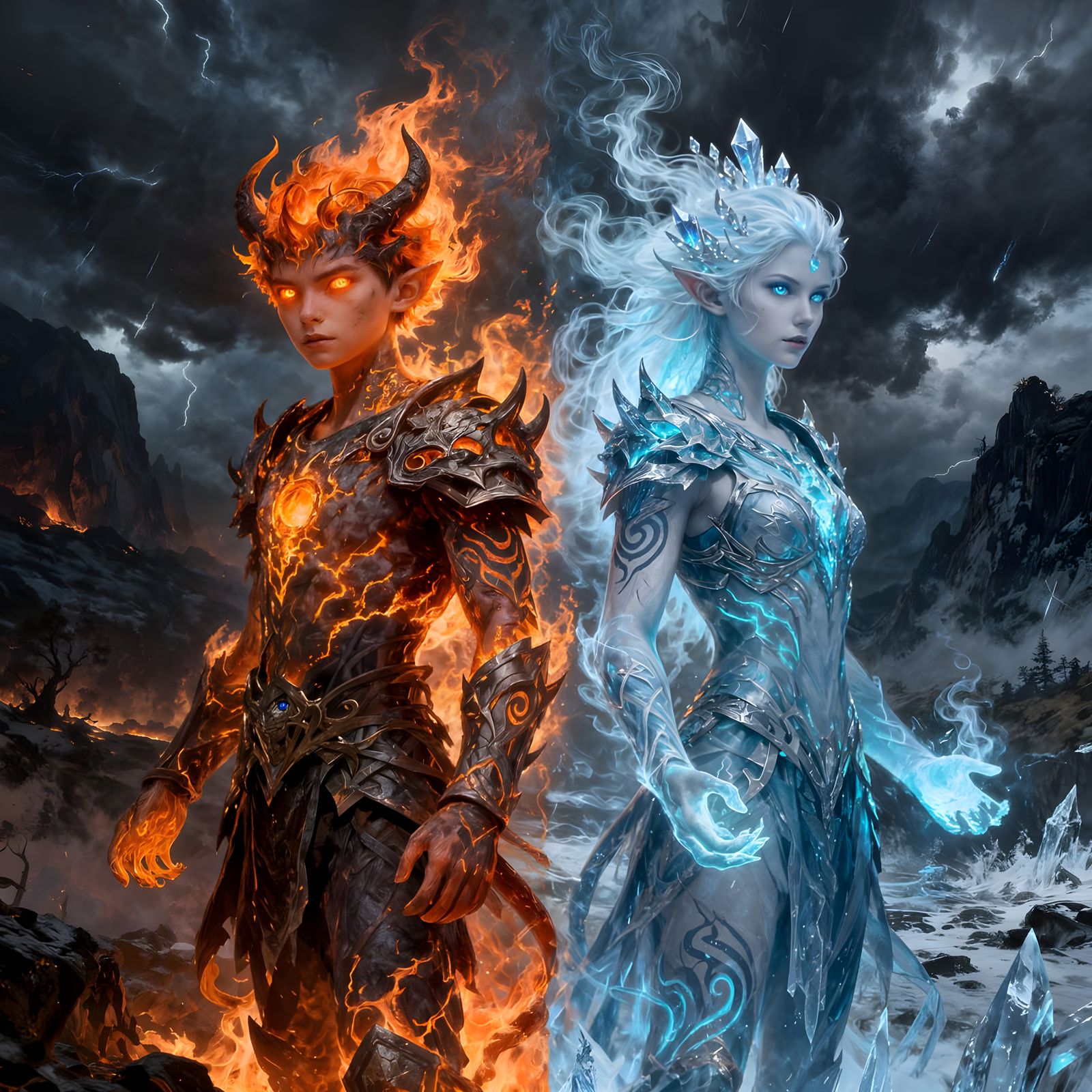 Fire and Ice Elemental Beings in Epic Fantasy Art