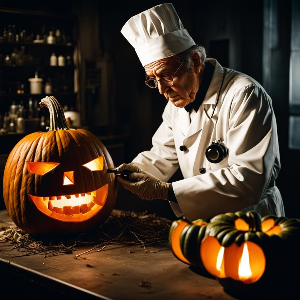 Mad Scientist's Pumpkin Lobotomy: Cinematic Horror Still