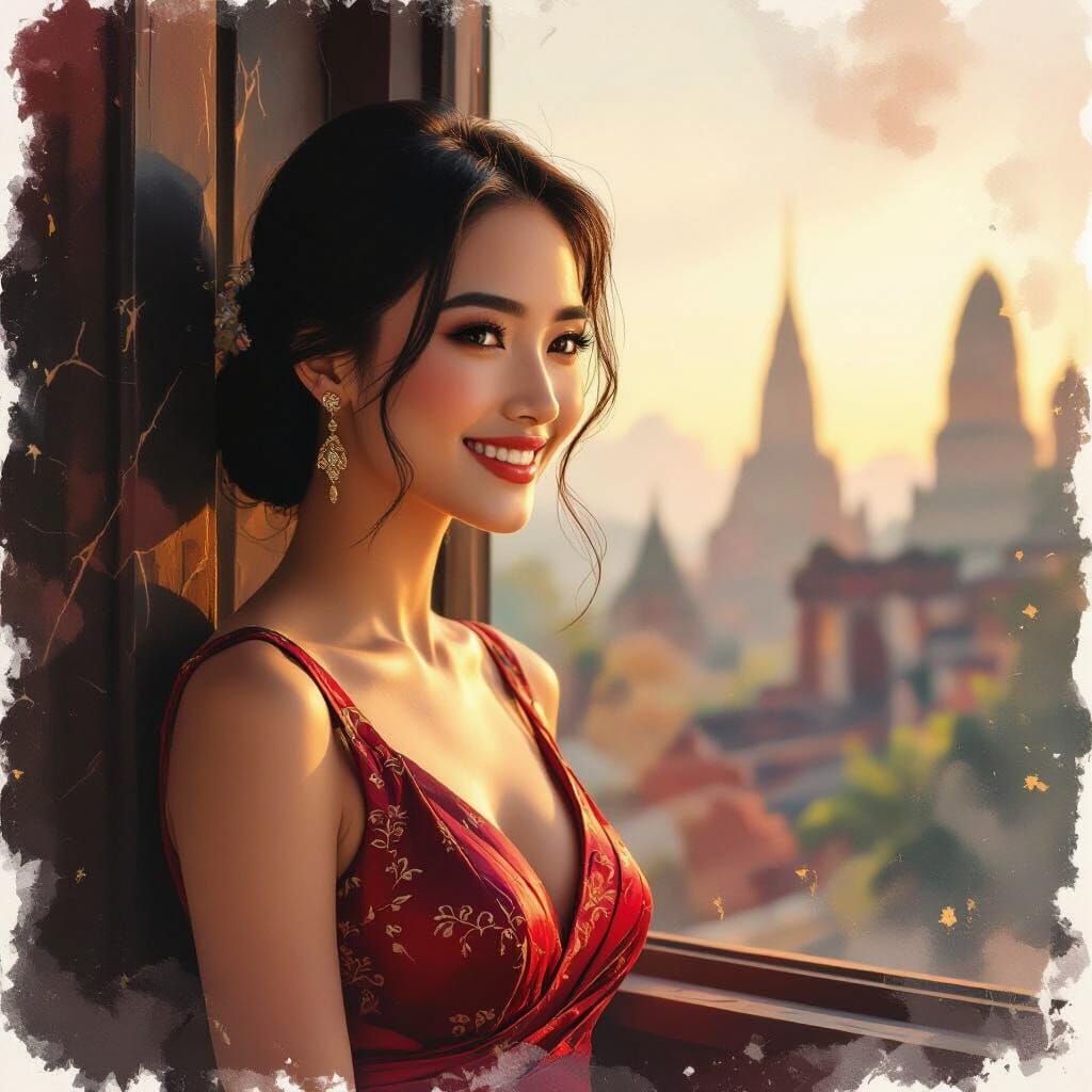 Thai Woman in Elegant Dress in Golden Hour Light