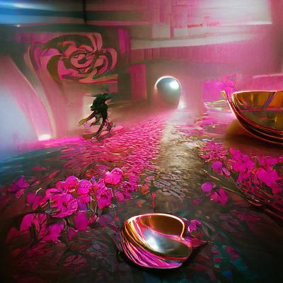 A pink bowl running away from an evil villain with roses for...