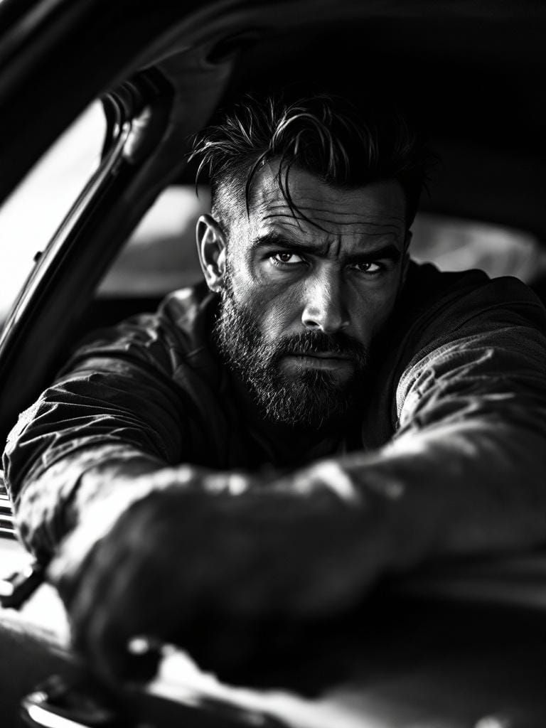 Cinematic Black and White Portrait from Car