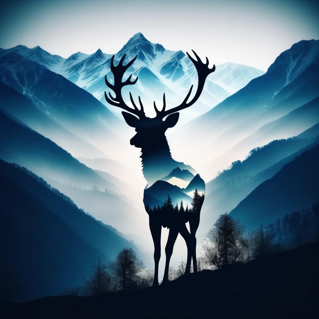Cinematic Double Exposure Deer Silhouette With Mountains