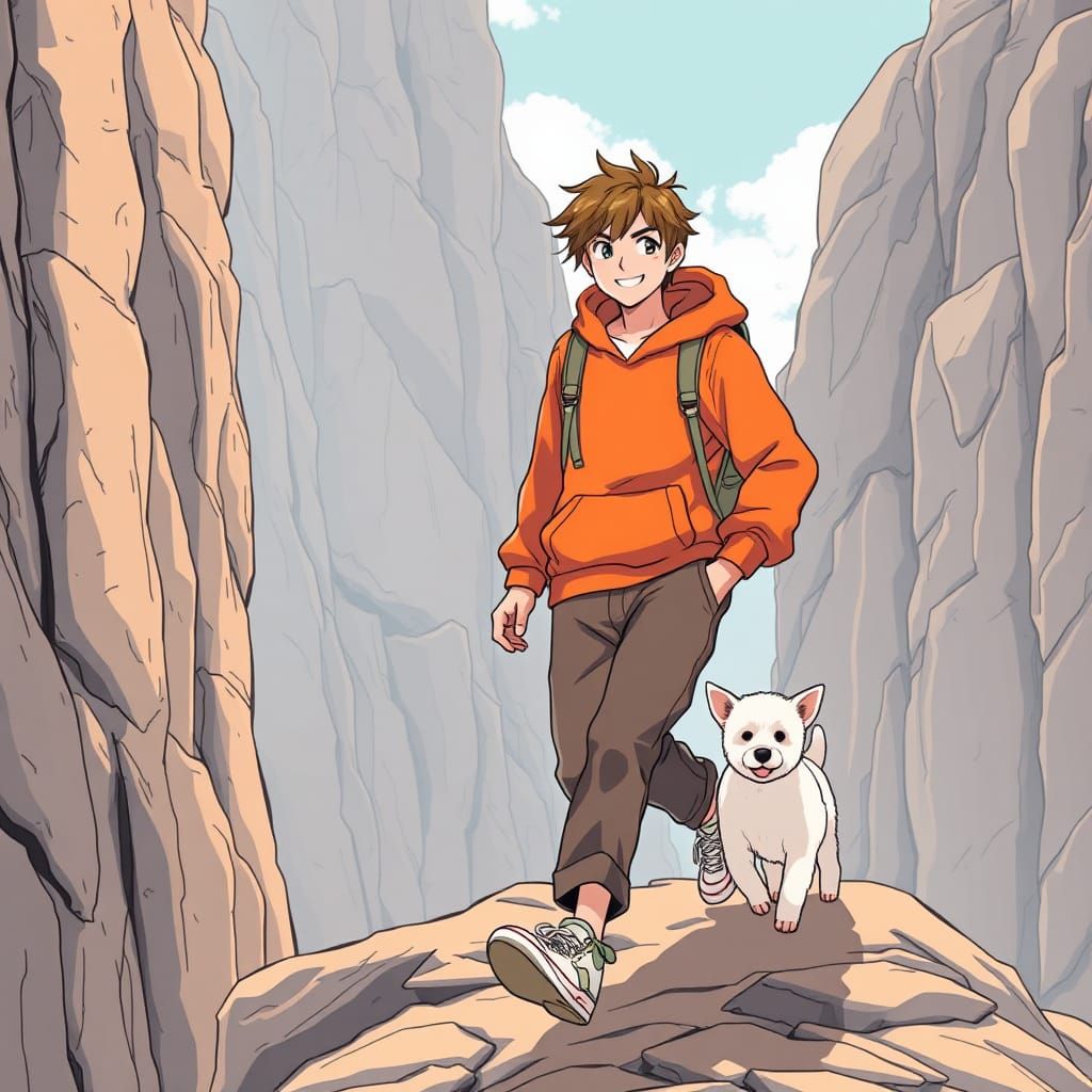 Man and Dog's Anime Cliffside Adventure