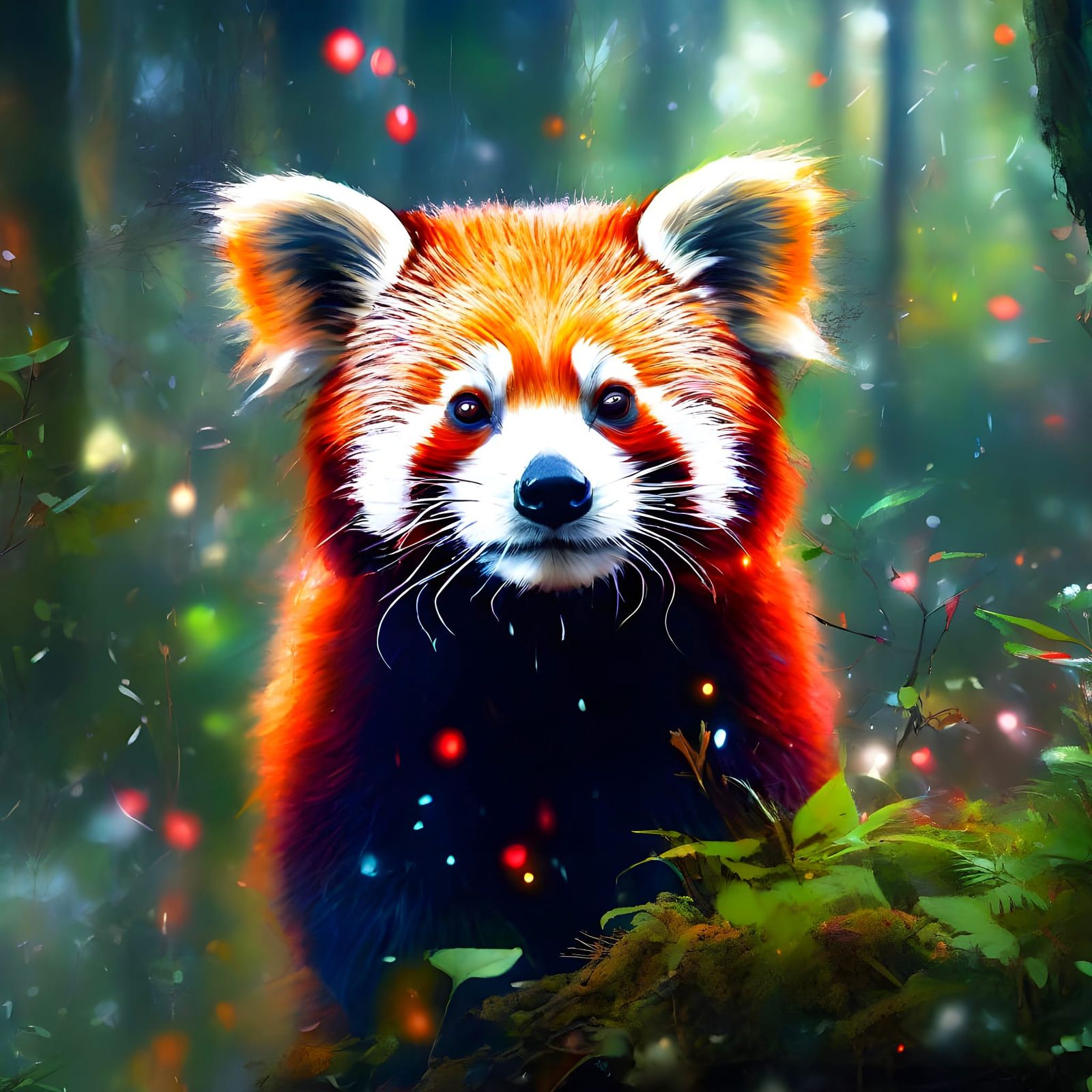 Fantastical Red Panda in a Glowing Fantasy Forest