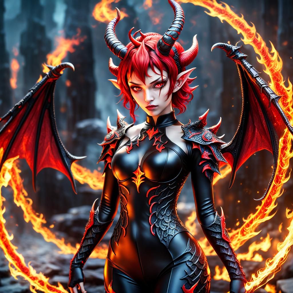 Hyperrealistic Demon Girl in Ring of Fire