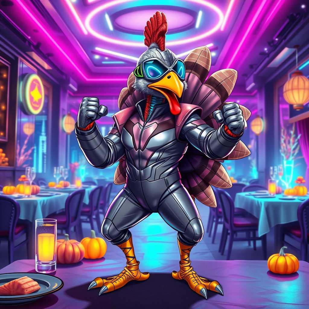 Futuristic Turkey Superhero in Neon Cityscape