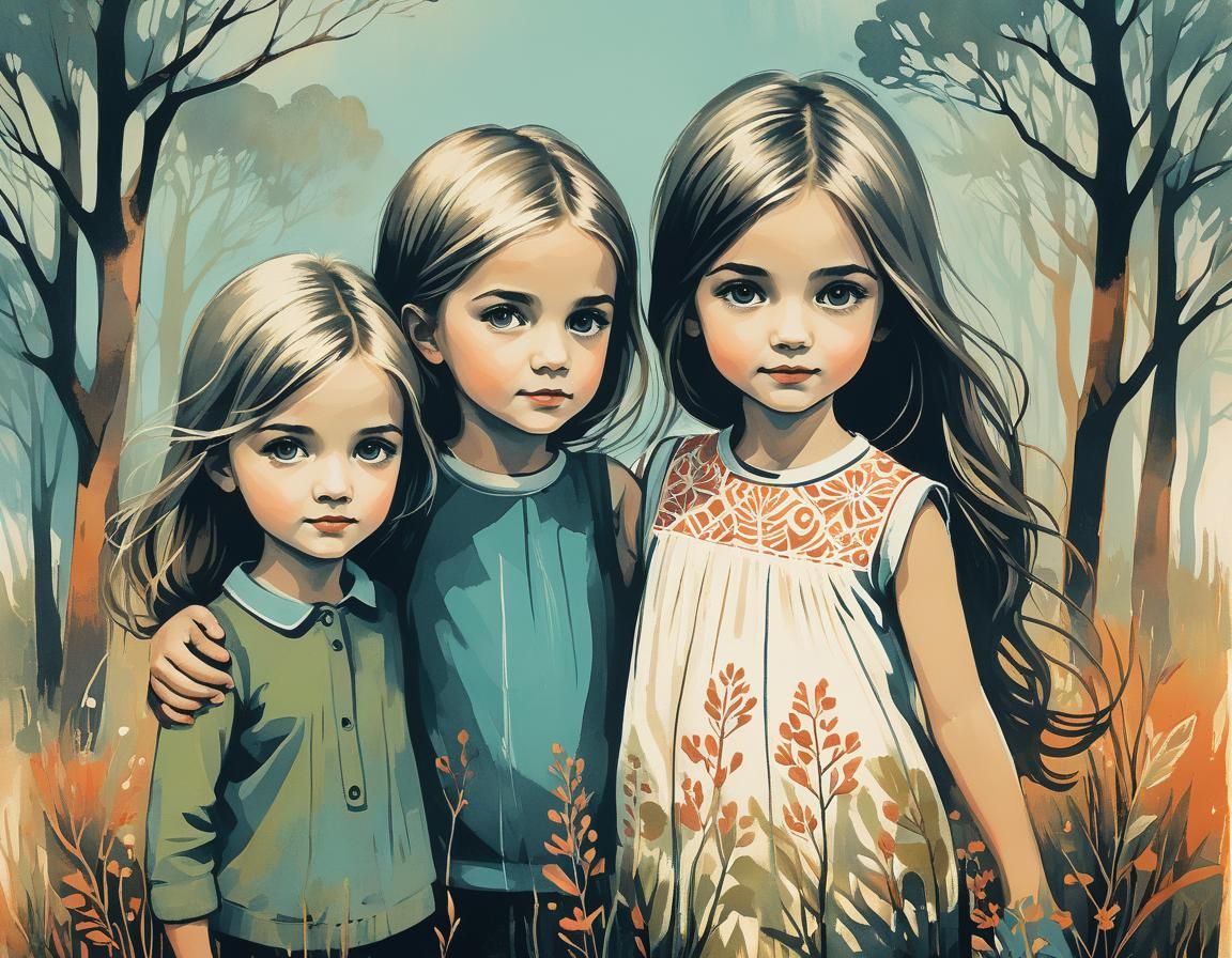 Charming Siblings Captured as a Monotype Print