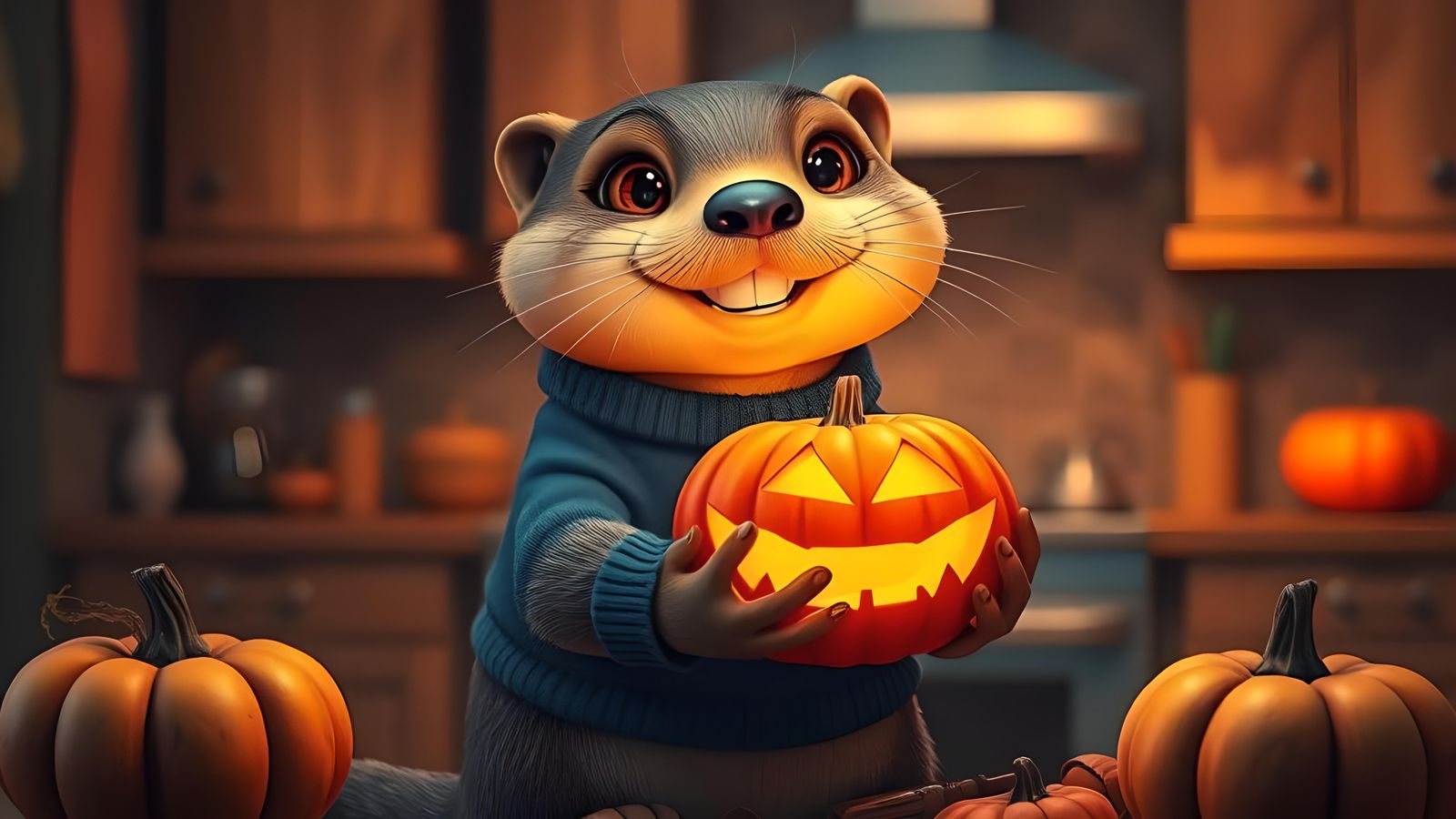 Smiling Otter Carving Jack-o'-Lantern in Kitchen