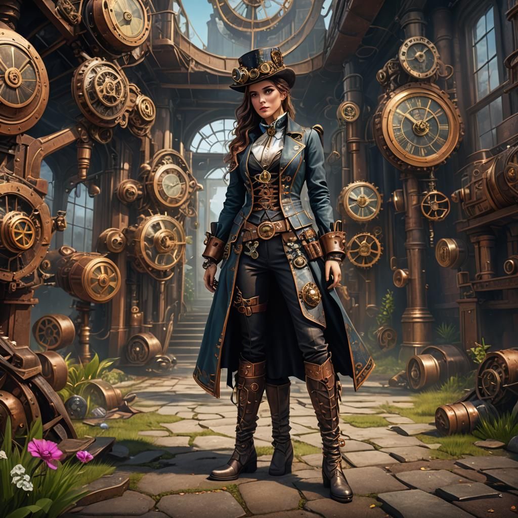 Steampunk Woman in Spring: Digital Illustration