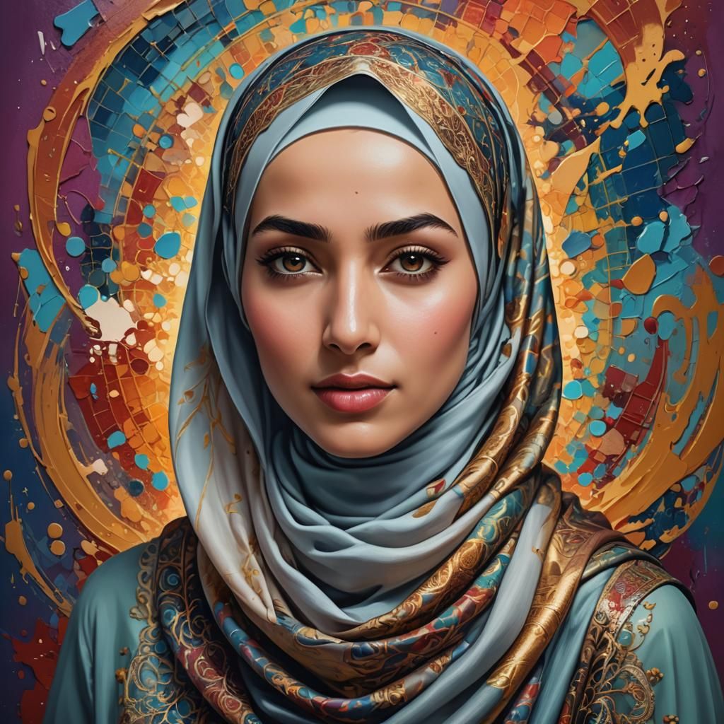 Beautiful Hijabi Woman Portrait in Splash Art Style