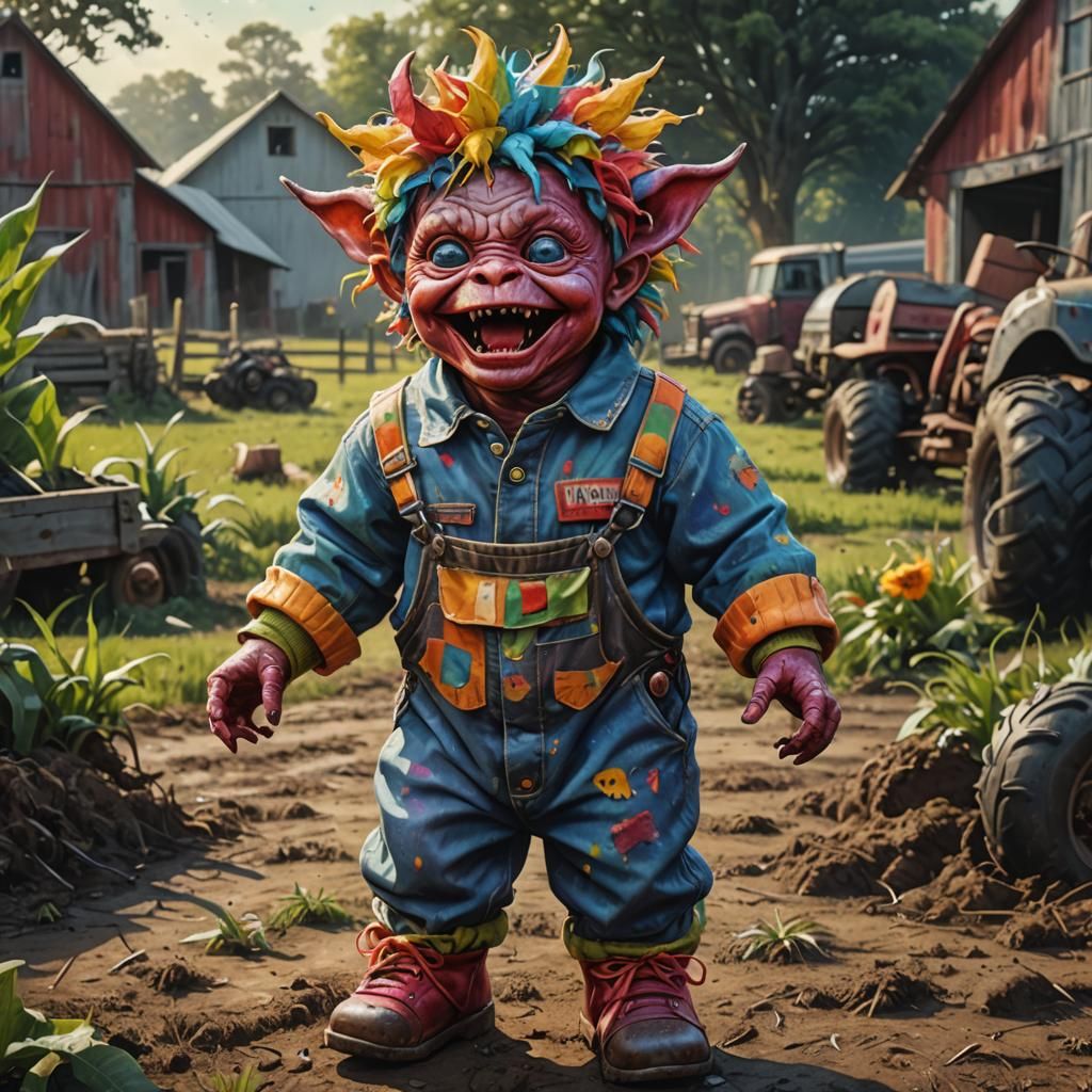 Happy Baby Monster in 1980s Outfit on Farm