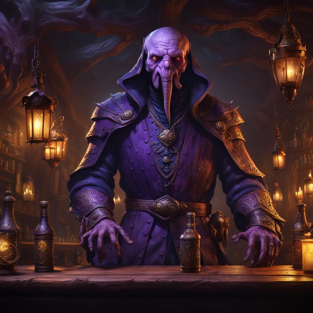 Mind-flayer Bartender in Medieval Tavern, Dark Fantasy