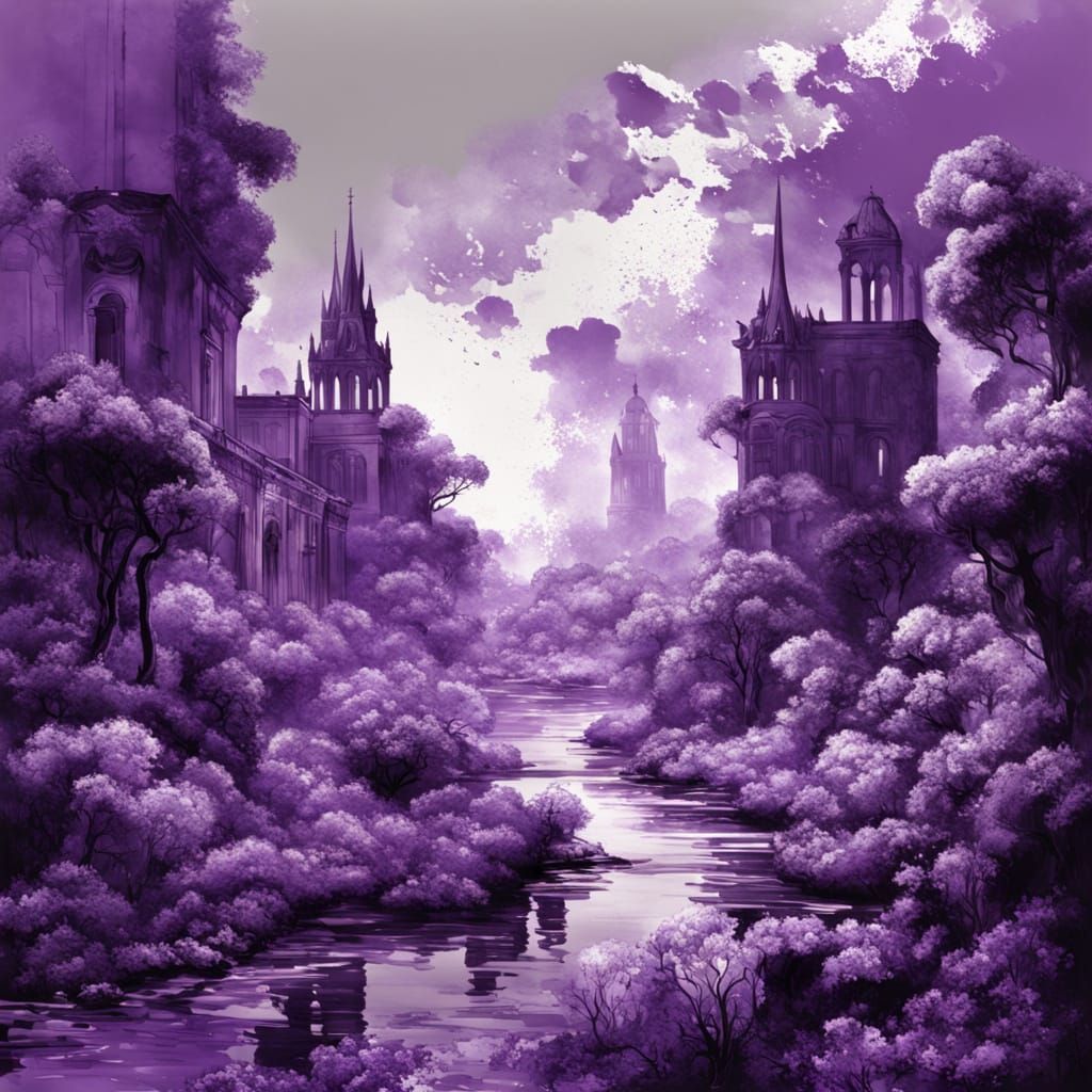 Vibrant Riverscape in Majestic Purple and White