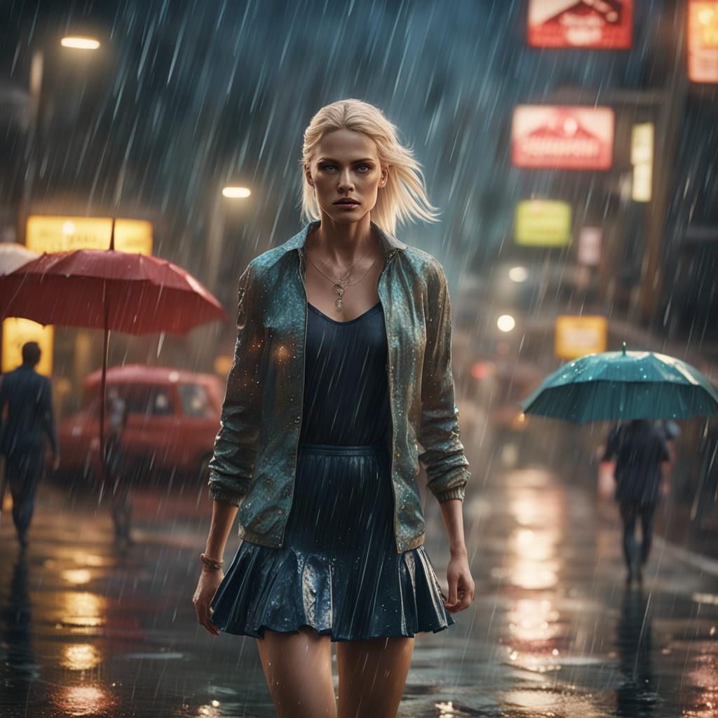 Blonde Woman in Rain: Detailed Matte Painting