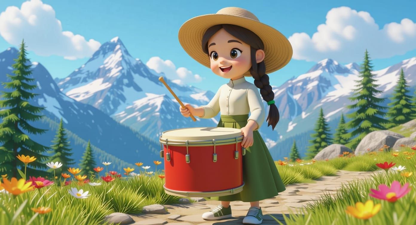 Cartoon Girl Druming on Mountain Path in 3D Anime Style