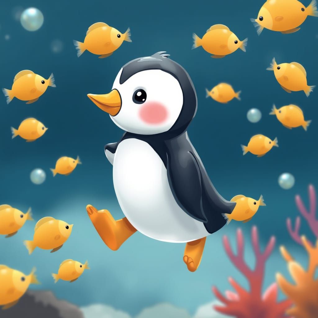 Adorable Penguin Dives with School of Fish in Vibrant Underw...