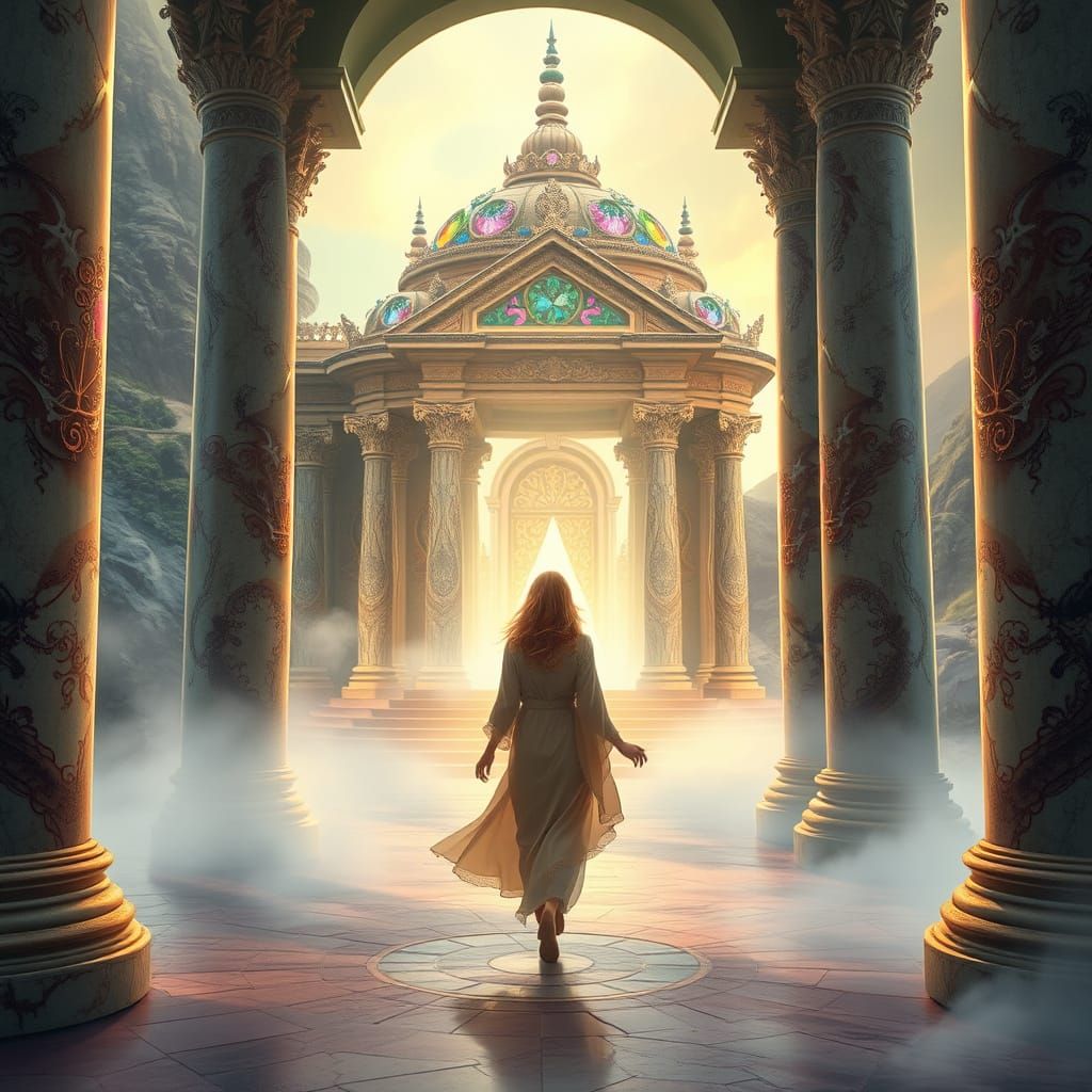 Ethereal Figure in a Mystical Temple Scene