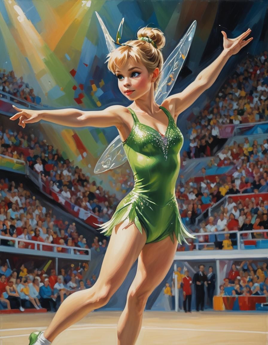 Tinkerbell in a leotard performing gymnastics in an arena at...