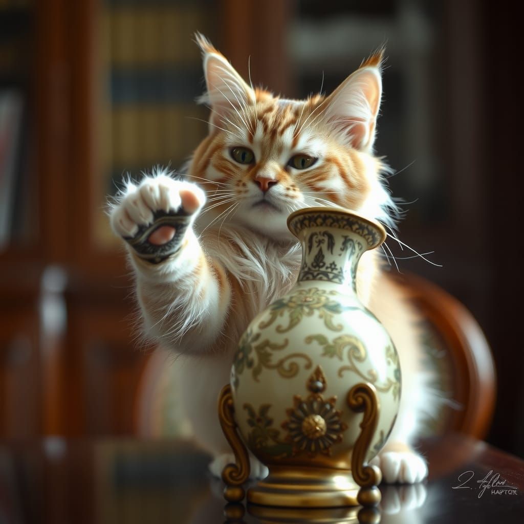 Mischievous Cat Knocks Vase Over: Cinematic Still