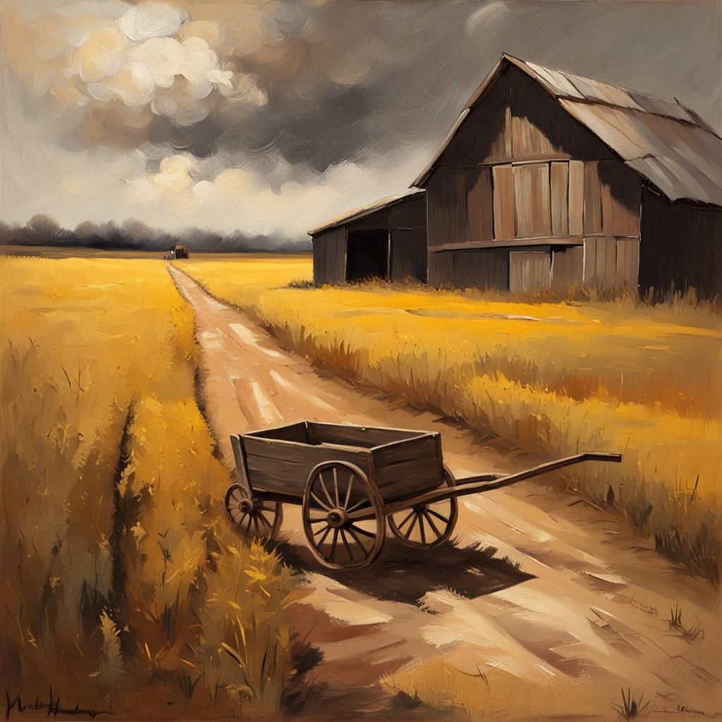 Rustic Cart in Golden Fields: Impressionist Oil Painting