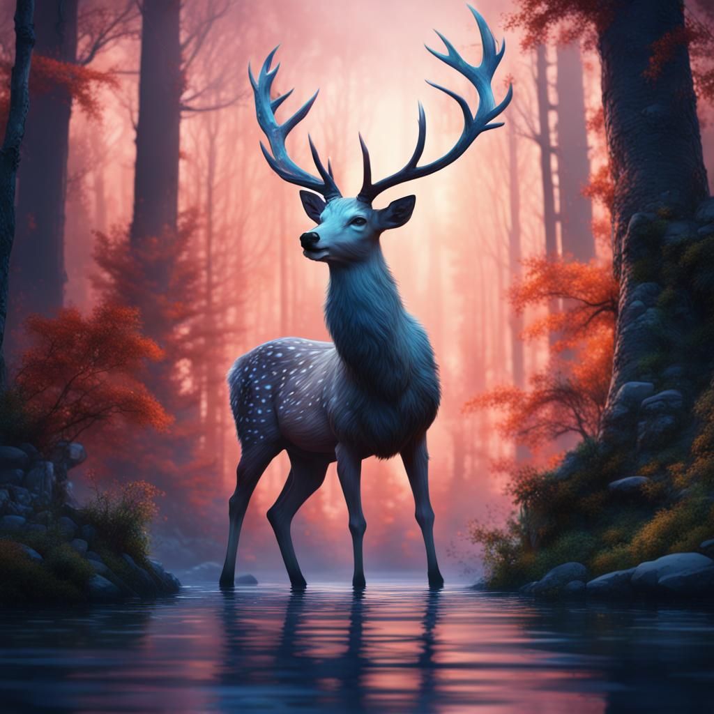 Watercolor Deer in Forest Night - Fantasy Concept Art