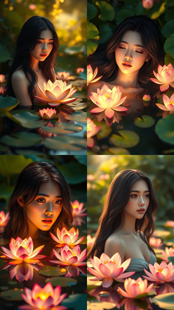 Dreamlike Pond: Woman with Glowing Lotus Flowers in Anime St...
