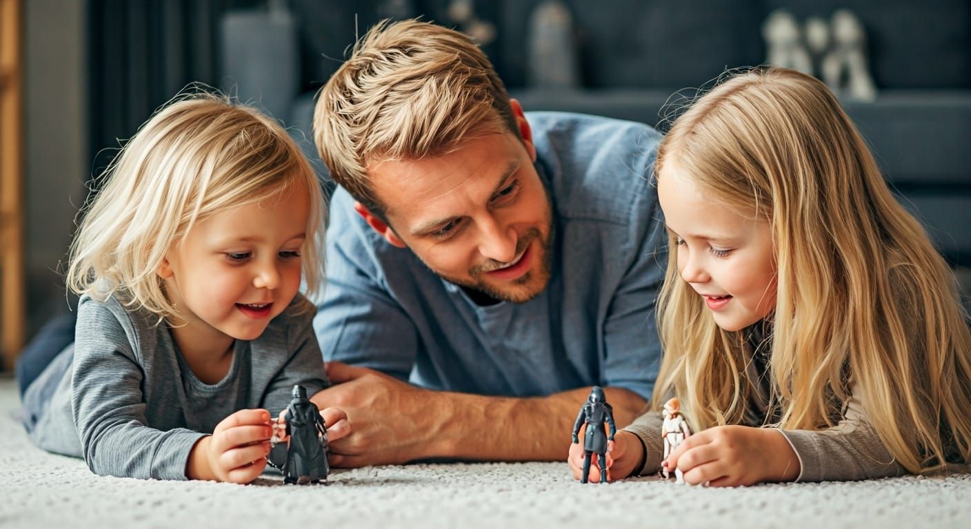 Father and Daughters Playing Star Wars Action Figures