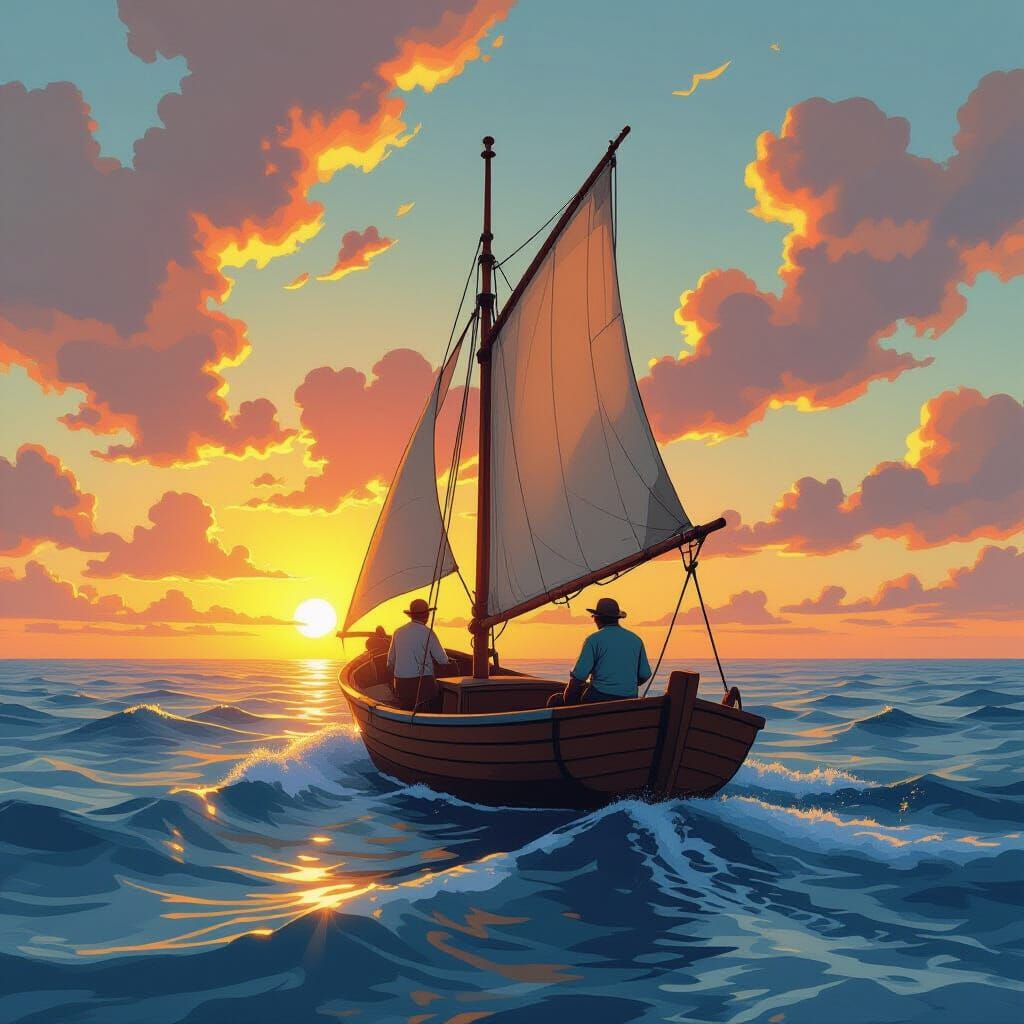 Fishermen Sail at Sunrise in Comic Style
